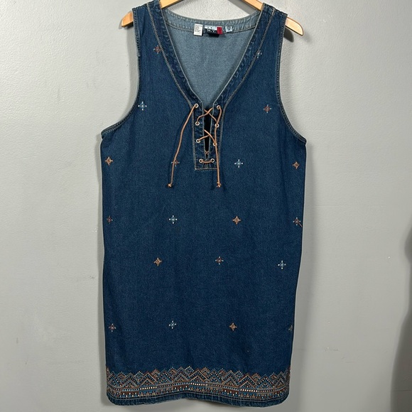 Embroidered Sleeveless Dress Vintage Embroidered Lace Up Boho Denim Jean 1X - Picture 1 of 12